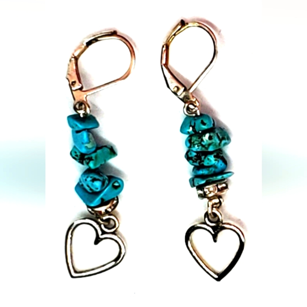 Turquiose Natural Stone Chip Small Dangle Earrings with Silver Heart ❤️ Charm